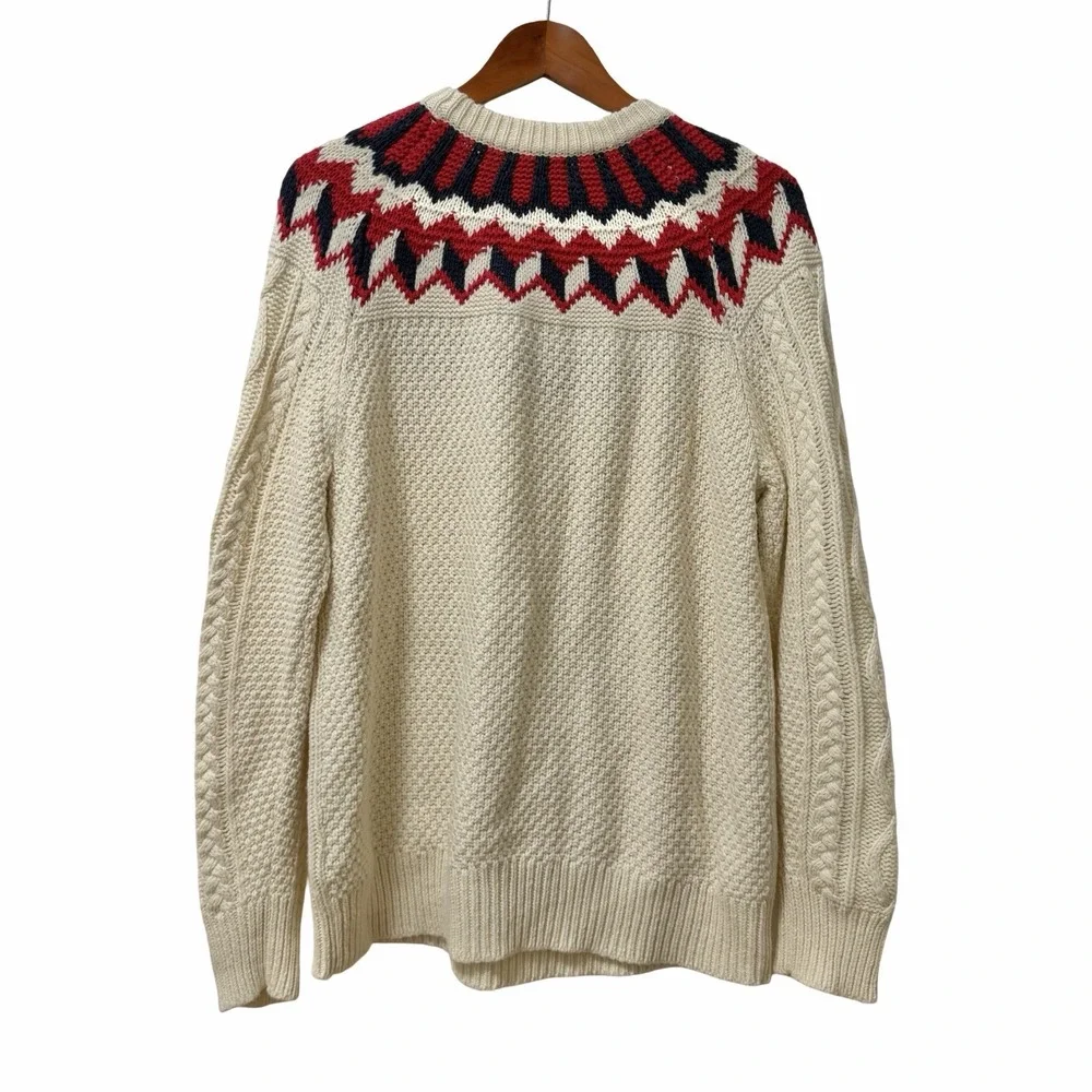 J Crew Fair Isle Fisherman Cable Knit Sweater Womens Large Cream Classic Ski NEW
